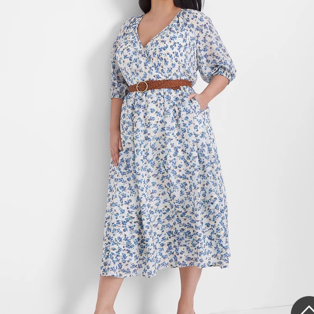 Blue Floral Puff-Sleeve Tuck-Detail Midi Dress